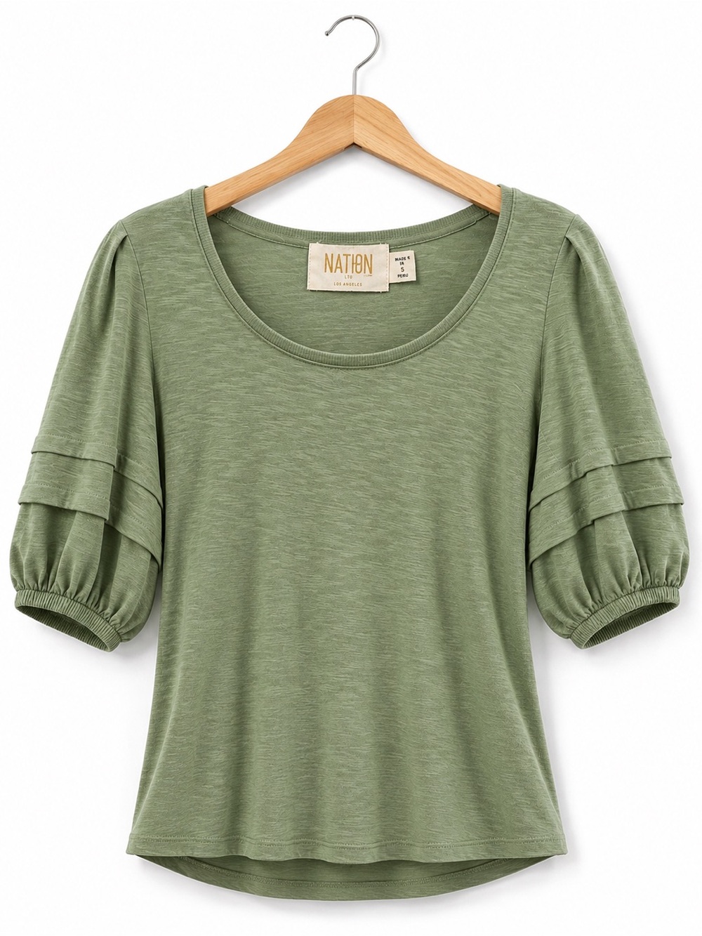 Nation LTD Sage Green Puff Sleeve Tee Top XS Soft Slub Knit Coastal Chic
